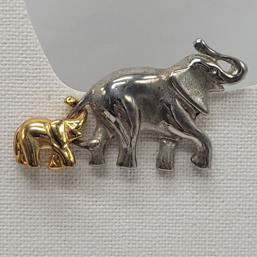 Mother & Baby Elephant Pin Brooch Silver & Gold Tone Wildlife Jewelry